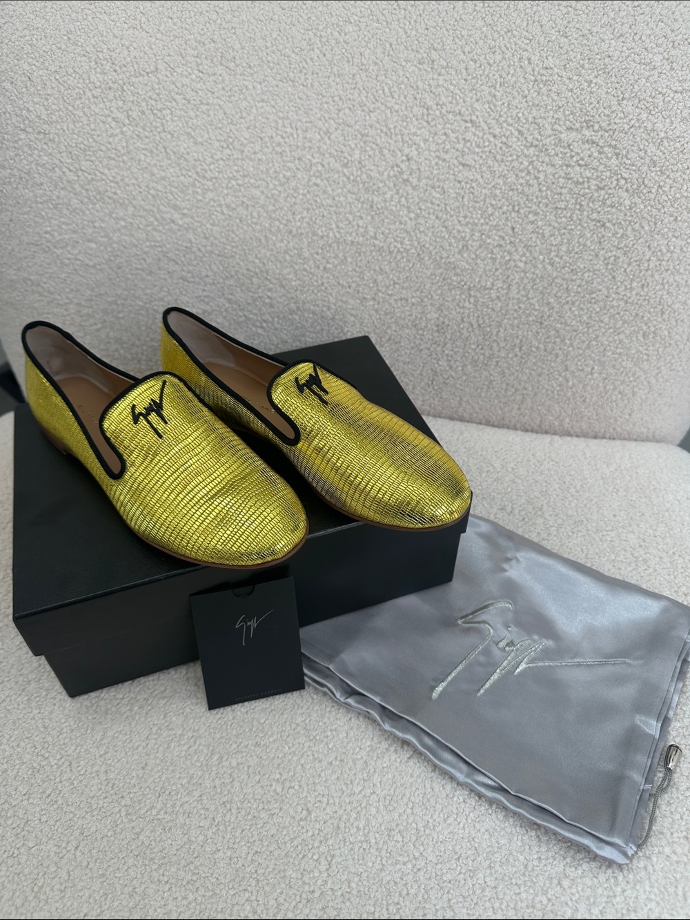 Giuseppe Zanotti Gold Metallic Slip-On Loafers with Black Piping